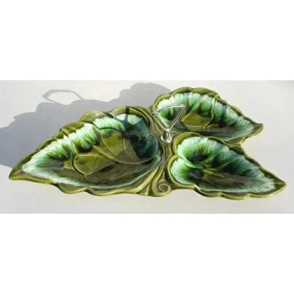 Vtg GREEN California Pottery Santa Anita Ware 3 Leaf Bowl Serving Dish W/ Handle